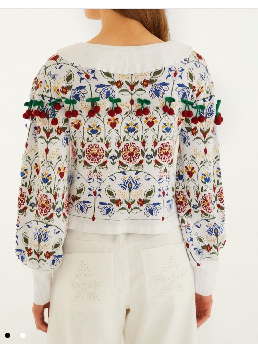 Nwt FARM Rio Garden summer Knit Cardigan floral embroidered cherry pom-pom $300 - Picture 4 of 4
